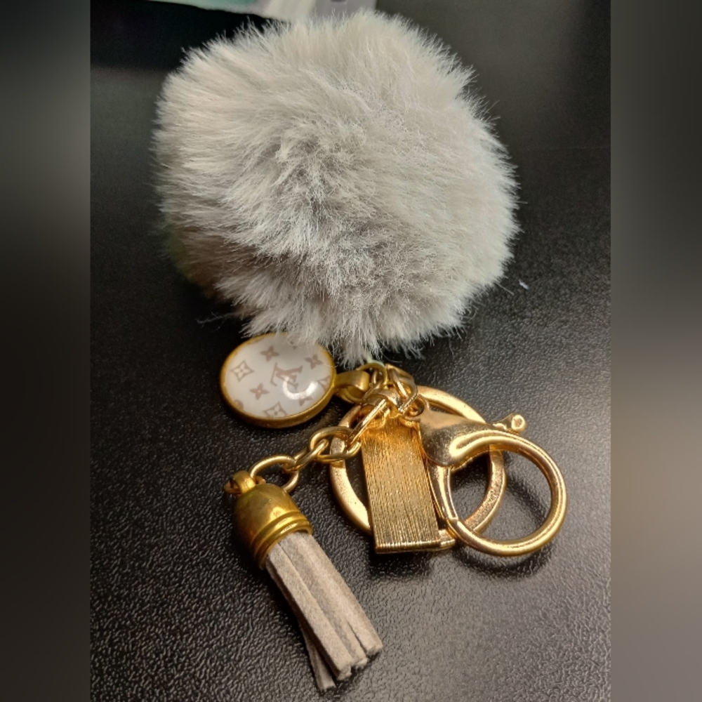 Boujee Gray and Gold Keychain Pom Pom NWOT